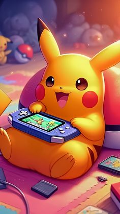 a cartoon pikachu holding a game controller