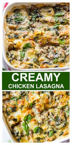 creamy chicken lasagna in a casserole dish with spinach and cheese