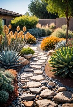 a garden with rocks and plants in it