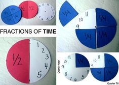 four different pictures with the same time on each piece of paper and numbers in blue, red, and white