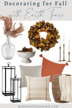 earth tone decor for the fall with text that reads earth tone decor for the fall