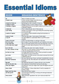 a poster with the words essential idioms and an image of a cartoon character