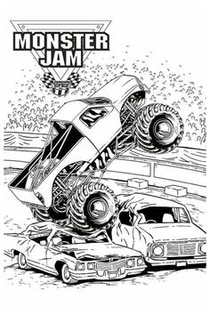 monster jam coloring page with two cars in the dirt and one on top of another car