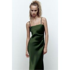 Nwt New Zara Green Satin Effect Dress With Jewel Straps Size Small 97% Polyester 3% Elastane My Measurements Are A Guide And Only Approx Y2k, Summer, Spring, Striped, Retro, 60s, 70s, 80s, 90s, Boho, Bohemian, Lightweight, Airy, Breezy, Date, Brunch, Hollywood, Celebrity, Melrose, Sustainable, Eco-, Conscious, Eco-Friendly, Fitted, A-Line, Fit & Flare Spring, Retro, Midi, Thigh Split, Velvet, Stretch, Flattering, Feminine, Flirty, Fitted, Curvy, Dual Chromatic, Forest, Lace, Sparkle, Neck, Frill Beach Motorcycle, Silk Runway, Free People Western, Party Dress Night, Green Silk Dress, Deep Olive Green, Cowboy Vintage, Green Silk Dresses, 90s Boho