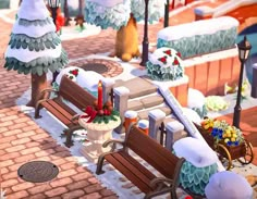 an animated image of a park bench with christmas decorations on it and snow covered trees in the background