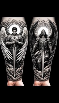 Saint Michael Warrior Tattoo, Full Sleeve Tattoos Mens Arm, Guardian Angel Tattoo For Men Forearm, Back Calf Tattoos Men, Warrior Angel Tattoo Men, Saint Michael Tattoo Sleeve, Archangel Michael Tattoo For Men, Arch Angel Tattoo, Saint Michael Tattoo