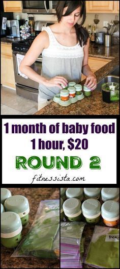 a woman preparing baby food in her kitchen with the words, 1 hour $ 20 round 2