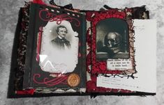 an open book with pictures and writing on the pages, including a skull in a frame