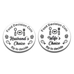 two white coasters with words on them that say food decision council, husband's choice and wife's choice