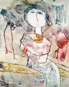 an abstract drawing of a woman sitting on a couch with two birds in the background