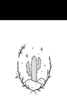 a black and white drawing of a cactus in a circle with stars on it's side