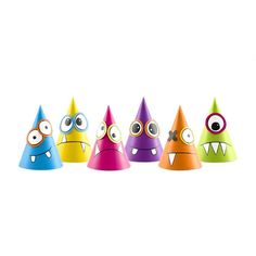 five different colored party hats with eyes and mouths on them, all lined up in a row