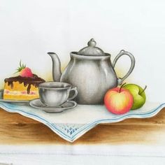 a drawing of a tea pot, cup and plate with fruit on it next to a piece of cake