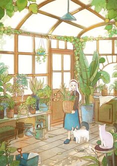 a painting of a woman in a greenhouse with cats