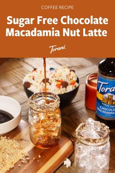 sugar free chocolate macadamia nut latte recipe on a cutting board with ingredients