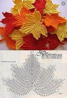 crocheted leaves are shown on top of an old pattern, and the bottom has been