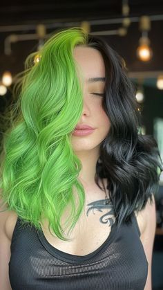 25 Green Hair Color Ideas That Will Leave You Feeling Fresh Vibrant Green Hair, Green Roots Black Hair, Hair Dye Ideas Green, Black Split Dye Hair, Green Split Dye, Black Green Hair, Green Hair Aesthetic, Green And Black Hair, Green Hair Color Ideas