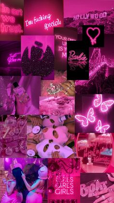 pink and black collage with neon lights in the shape of hearts, letters, and symbols