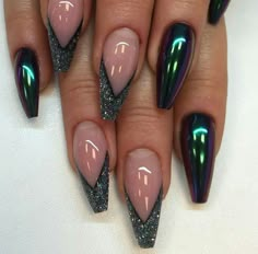 Glitter Elegant Nails, Emerald Green And Purple Nails, Winter Nail Designs Classy French Tips, New Years Goth Nails, Gothic Nails Coffin, Festival Acrylic Nails, Coffin Goth Nails Designs, Black And Gunmetal Nails, Black And Silver Stilleto Nails