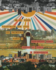 an image of a poster with the words in spanish and english on it, above a cityscape