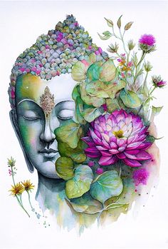 a watercolor painting of a buddha with flowers and rocks in his head, surrounded by leaves