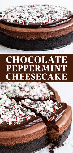 a chocolate peppermint cheesecake is cut into slices