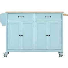 a blue kitchen cart with two doors and three drawers on one side, and a wooden cutting board on the other