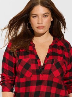 FIT Model is 5'9” wearing size 0. . Measures 32” from shoulder (size 2). Tunic length. . MATERIALS + CARE Softest Flannel woven fabric. . 85% rayon, 15% acrylic. . Machine wash cold. Dry low. Imported. DETAILS Collarless neckline. . Long sleeves. Chest pockets. The best plus size women's harper softest flannel tunic pullover the in traditional buffalo jester red plaid made of acrylic. Torrid is your destination for cozy fall and winter clothes to keep you warm and comfortable. Flannel Tunic, Rayon Shirt, Brown Plaid, Feel Pretty, Shopping Day, Winter Clothes, Tunic Length, Green Plaid, Cozy Fall