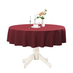 a round table with a blue tablecloth