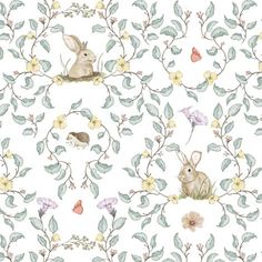 a wallpaper with rabbits and flowers on it