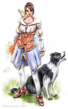 a drawing of a woman and her dog