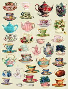 an assortment of tea cups and saucers