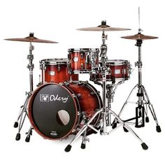 a red drum set with black hardware and silver hardware on the front, sitting against a white background