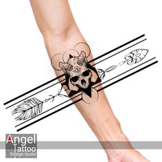 a hand with an arrow and skull tattoo design on it's left arm, in front of a white background