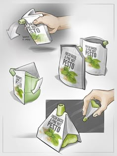 the packaging design for fresh basil pesto is shown in three different positions, including one being