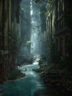 a river running through a forest filled with tall buildings