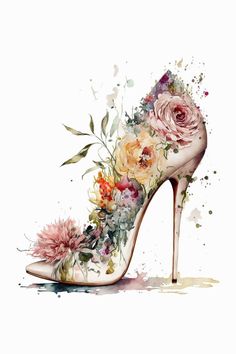 a high heeled shoe with flowers painted on it