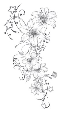 a black and white drawing of flowers with stars on the bottom half of their arm