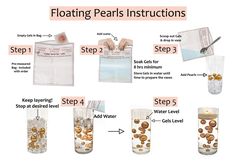 the steps to float pearls into water in a beaker and then put them in a bag