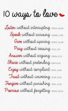 the ten ways to love written in red and black on a white background with text