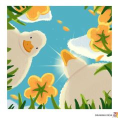 two white ducks are in the grass with yellow flowers on it's head and one is looking up at the sky