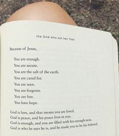 someone is reading a book with the words jesus, you are enough to be loved