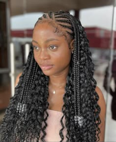 Up And Down Hairstyles Weave Braids, Fulani Braids Goddess Hairstyles, Fulani Braids Hairstyles With Curls In The Back, Black Hairstyles For Birthday, Half All Back Cornrows Hairstyles, Cornrow Goddess Braids Black Women, Half Braids Half Crochet Hairstyles Short, Black Women Hairstyles Weave Braids, Fulani Braids Half Weave