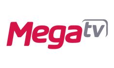 the mega tv logo is shown in red and grey on a white background, which reads mega tv