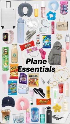 the words plane essentials are surrounded by many different items and things that can be found in them