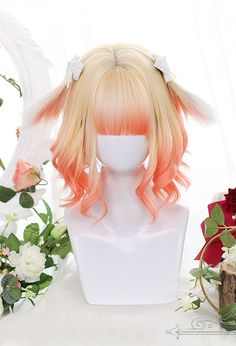 Harajuku Wigs, Hair References, Kawaii Wigs, Orange Gradient, Anime Wigs, Cosplay Hair, Short Curls, Kawaii Hairstyles, Wigs For Sale