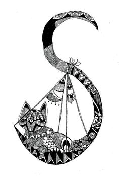 a black and white drawing of a cat sitting on top of a crescent shaped object