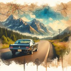 an old car driving down the road with mountains in the backgrouund and clouds in the sky