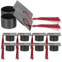 an assortment of graduation caps and tassels are shown in this image, including one for each graduate's cap