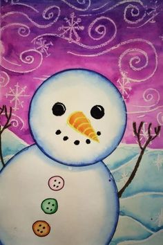 a painting of a snowman with buttons on it's nose and arms, in front of a purple background